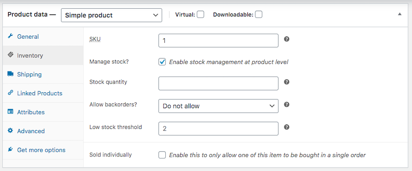 Find the Manage stock checkbox and click to select 